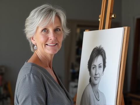 Portrait of Elara Vance, a professional pencil portrait artist by her artwork.