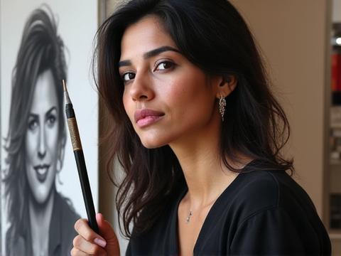 Portrait of Maya Khan, known for expressive charcoal and mixed media portraits.