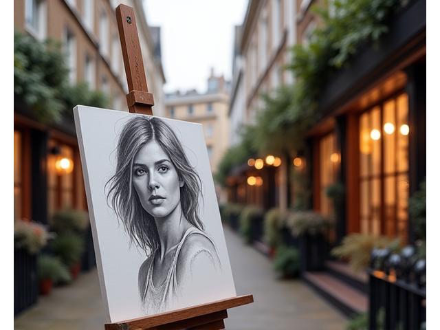 Historic London art district with an artist sketching a portrait, blending old and new elements
