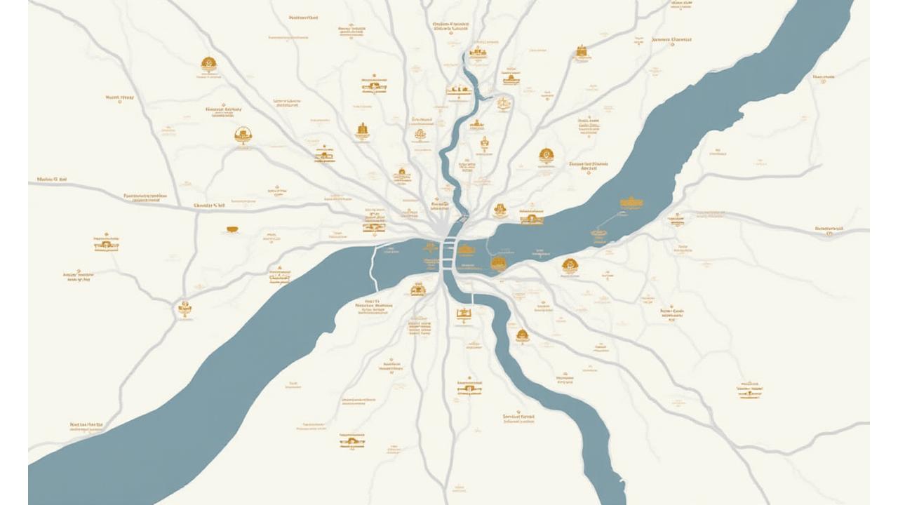 Stylized map of central London highlighting art galleries and cultural institutions, London art scene