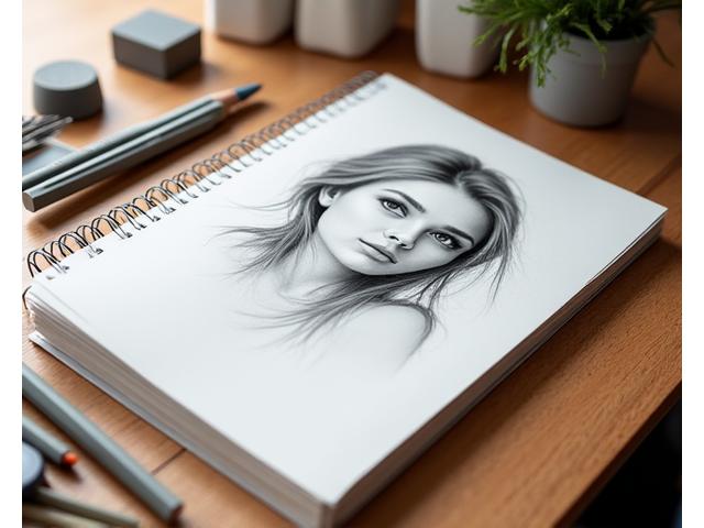 Open art sketchbook with detailed pencil drawing and art supplies, practical guide