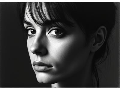 Charcoal portrait with strong chiaroscuro lighting, half face in deep shadow