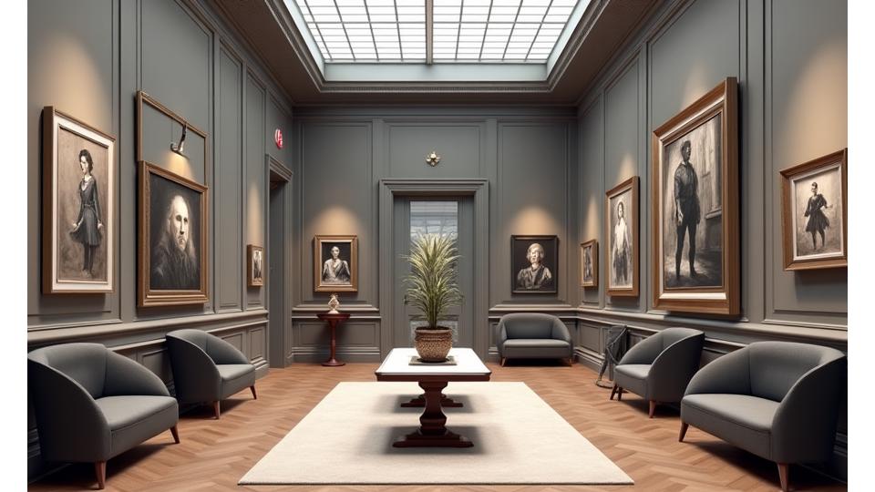 Interior of a classic London art gallery with charcoal portraits on display