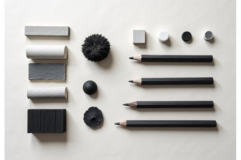 Arrangement of various charcoal drawing tools: pencils, sticks, erasers, blending stumps