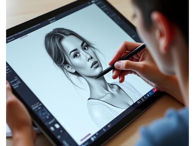 An instructor's hand using a digital pen to annotate and provide feedback on a student's digital drawing on a tablet, demonstrating personalized critique.
