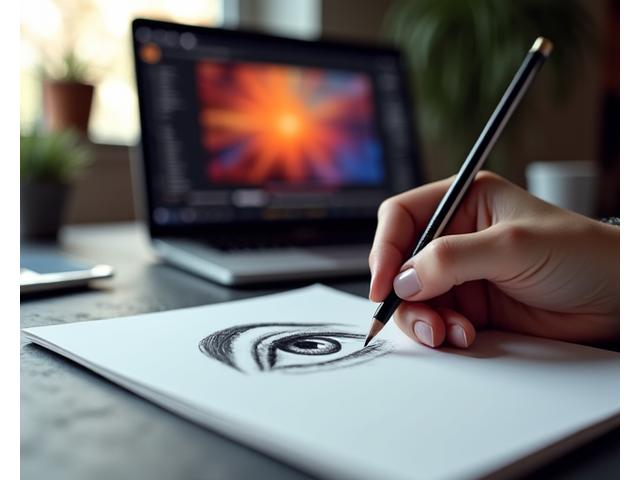 Preview of a Nyloners online course video, showing a hand drawing a realistic eye with a pencil on paper, next to a laptop displaying the course interface.