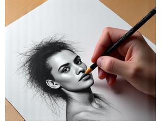 An artist's hand sketching a portrait with unique, expressive strokes, focusing on developing a personal artistic style.