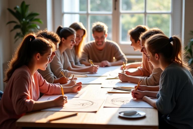 A diverse group of adults of varying ages gathered around a table, drawing and interacting, fostering a supportive community atmosphere. Their drawings are visible.