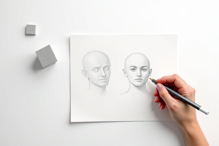 A hand holding a pencil demonstrating basic shading techniques on paper, with simple geometric shapes like cubes and spheres drawn.