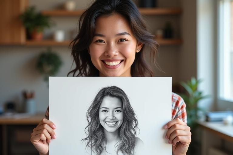 A young woman smiling confidently while holding up a pencil portrait she has drawn, symbolizing overcoming initial fears and achieving success.