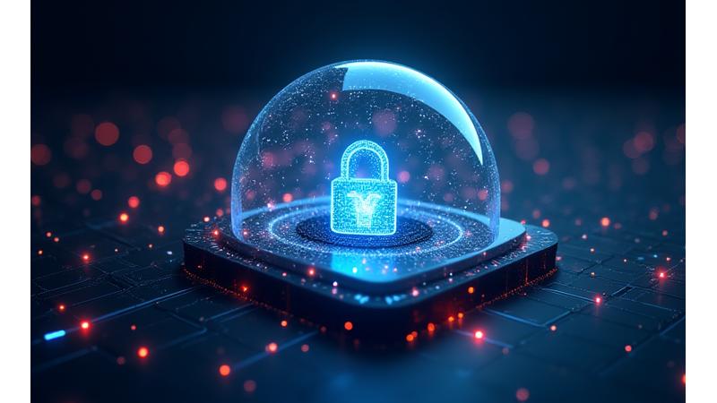 Stylized abstract depiction of secure data flow, with nodes connecting securely, representing encryption and protected networks, embodying art website security.