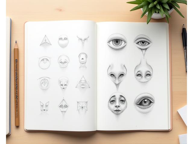A sketchbook open to pages filled with progressive pencil drawing exercises, showing studies of eyes, noses, and mouths at various stages of realism.