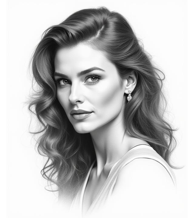 Sophisticated pencil portrait of a woman with flowing curly hair and soft lighting, commissioned artwork.