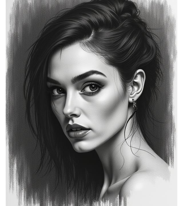Unique, expressive pencil portrait with abstract elements and bold strokes, demonstrating a developed personal artistic style.