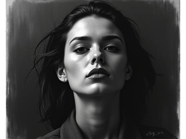 A dramatic portrait in charcoal, with deep blacks and rich tonal values, conveying a strong sense of drama.