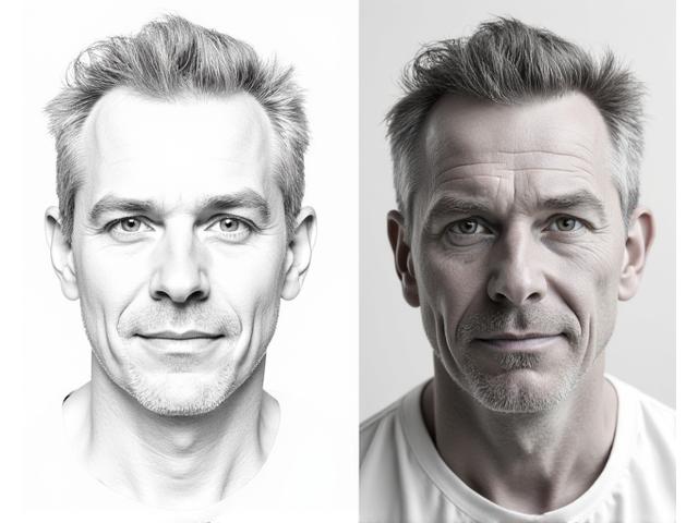 Before and after showing David's improvement from basic line art to sophisticated texture and light on a portrait.