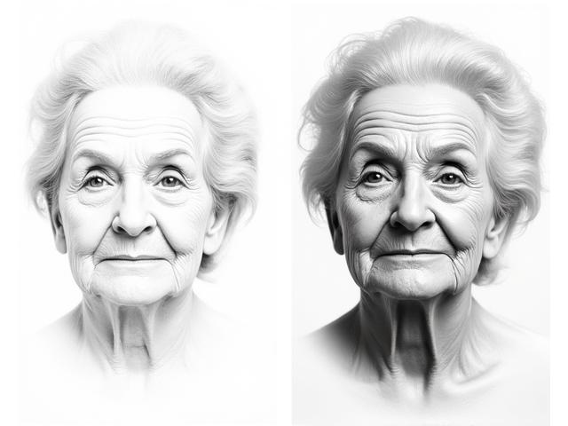 Before and after portrait of a senior student, Emma, showing significant improvement in realism and shading. Before is a basic outline, after is a detailed, emotive portrait.