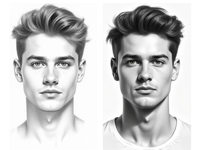 Transformation of a young adult, Liam, from a simple stick figure sketch to a dynamic, expressive portrait with intricate shading and hair detail.